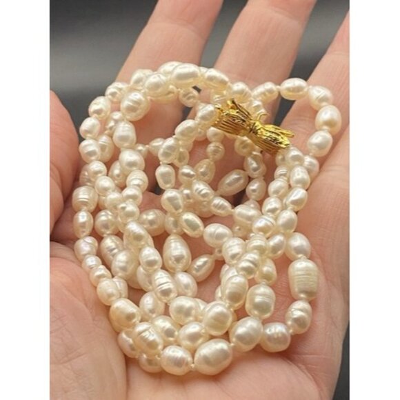 Freshwater Rice Pearl Necklace 2 Strand Hand Knotted 19" Gold Tone Floral Clasp - Picture 5 of 5